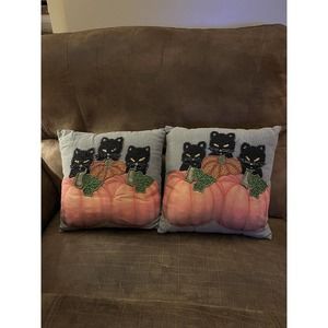 Pier 1 Halloween Black Cats and Pumpkins Beaded Throw Pillow